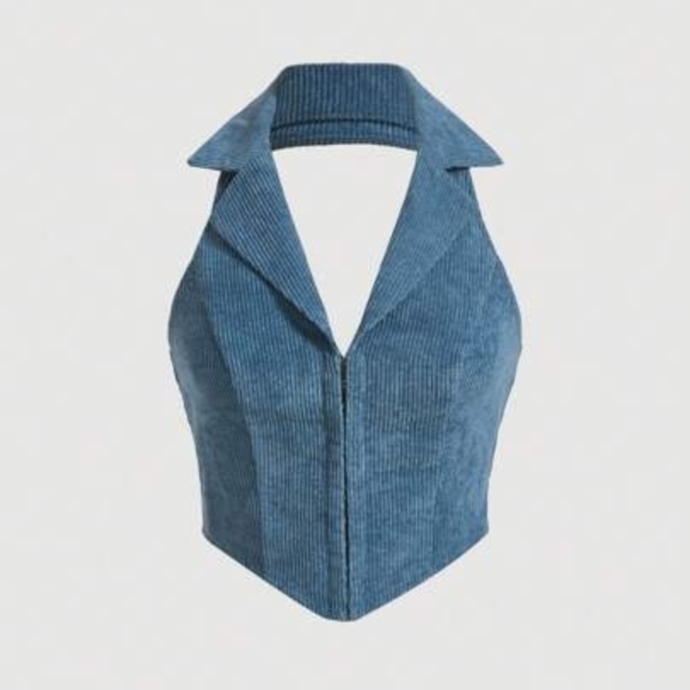 Blue Corduroy Halter Collar Front-Clasp Top